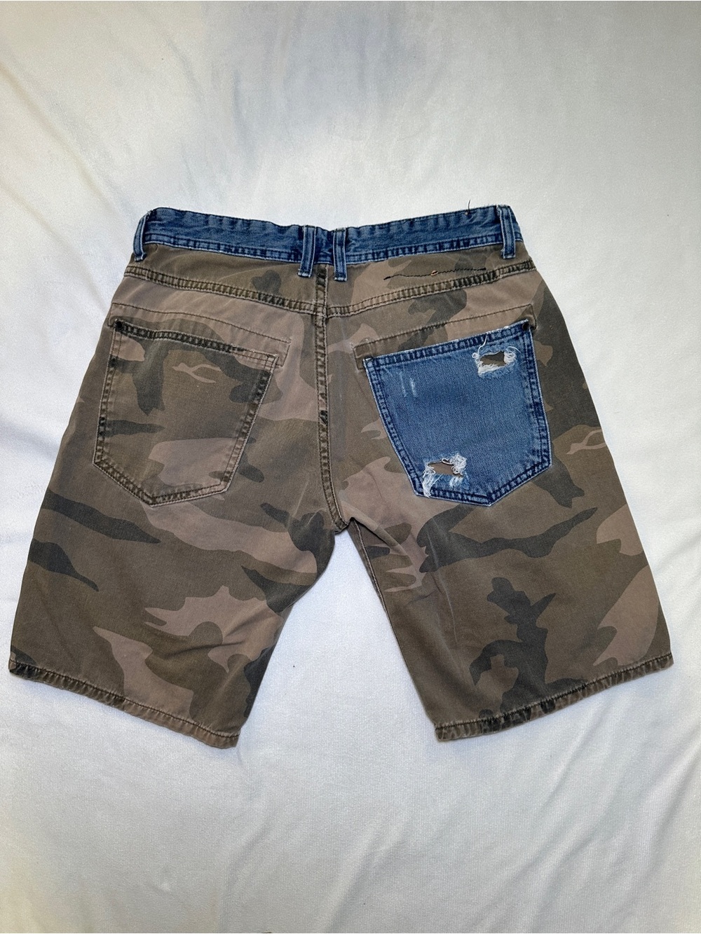 Zara Man Camo Denim Trim Shorts Size 30 Distressed Pocket Military Streetwear